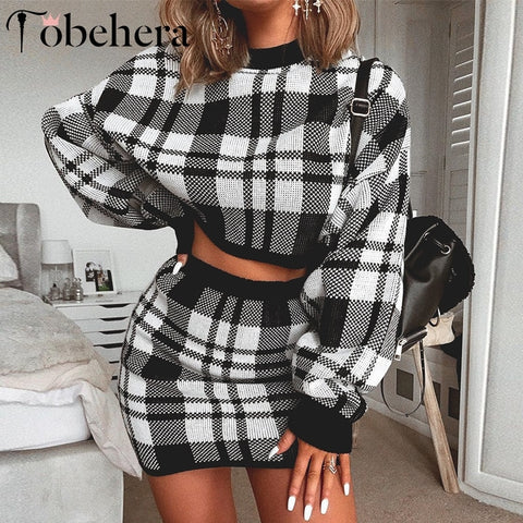 Glamaker Black knitted plaid sweater dress Women winter two-piece suit elegant short