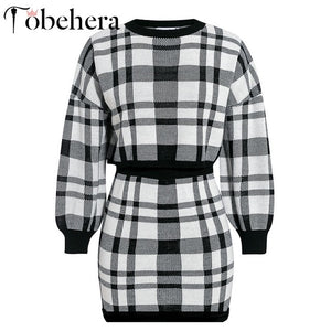 Glamaker Black knitted plaid sweater dress Women winter two-piece suit elegant short