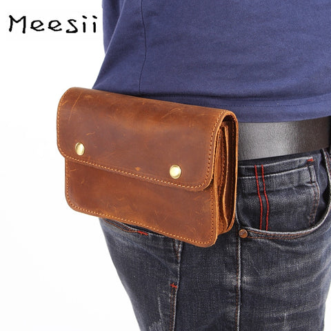 Meesii Fashion Men Waist Pack Genuine Leather Belt Waist Pouch Double-deck