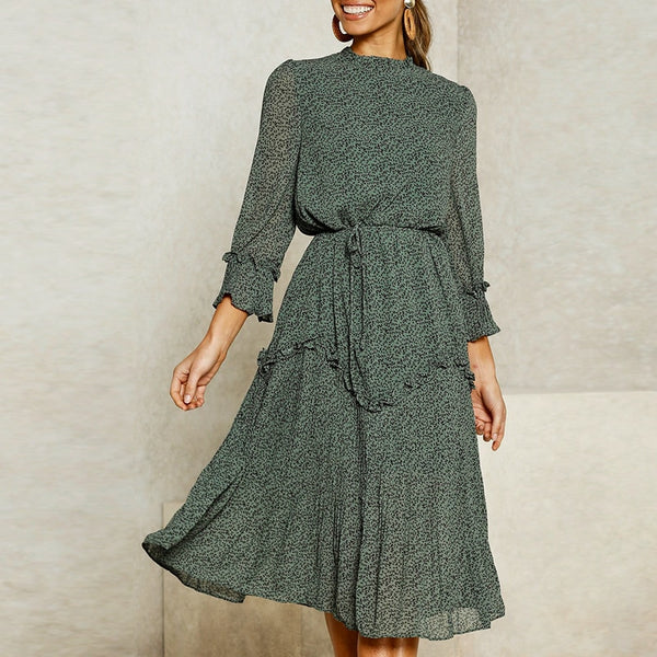 Conmoto elegant pleated party long dress women chiffon dark green long sleeve dress ruffles fall winter dresses vestidos