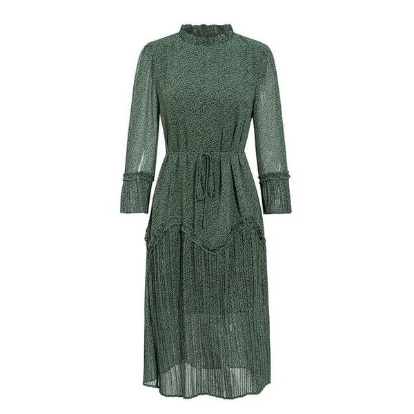 Conmoto elegant pleated party long dress women chiffon dark green long sleeve dress ruffles fall winter dresses vestidos