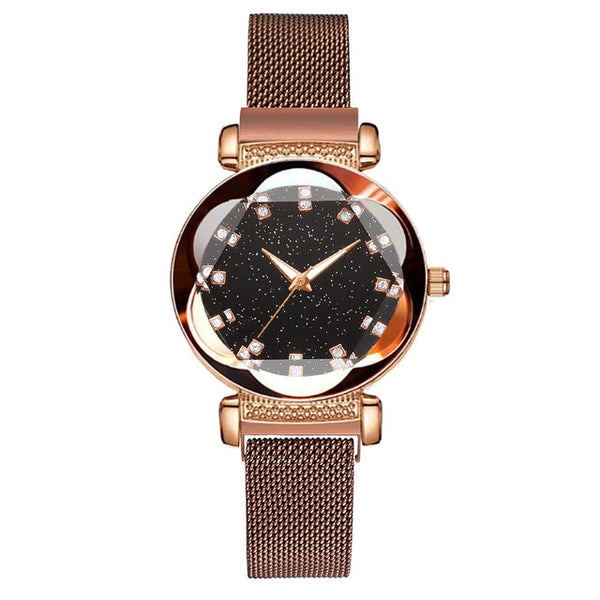 Luxury Women Magnetic Watches Geometric Surface Dial Mesh Belt Buckle Starry Sky Quartz