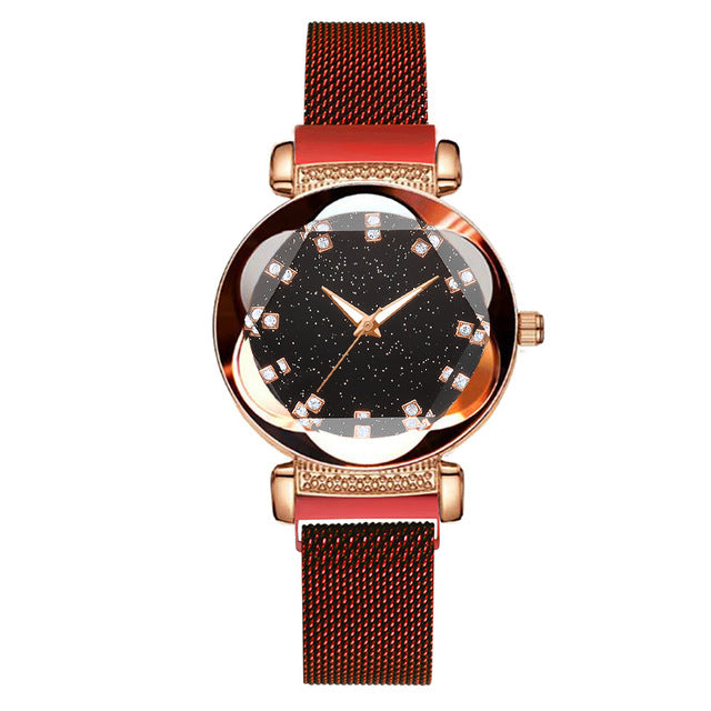 Luxury Women Magnetic Watches Geometric Surface Dial Mesh Belt Buckle Starry Sky Quartz