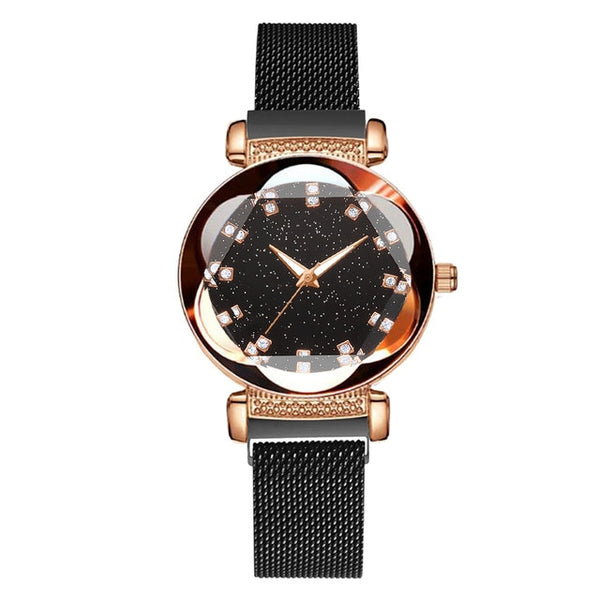 Luxury Women Magnetic Watches Geometric Surface Dial Mesh Belt Buckle Starry Sky Quartz