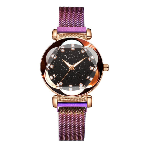 Luxury Women Magnetic Watches Geometric Surface Dial Mesh Belt Buckle Starry Sky Quartz