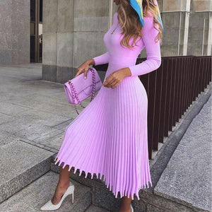 Women Pleated Sweater Dress 2019 Autumn Winter Retro Blue Elegant Party Office Ladies