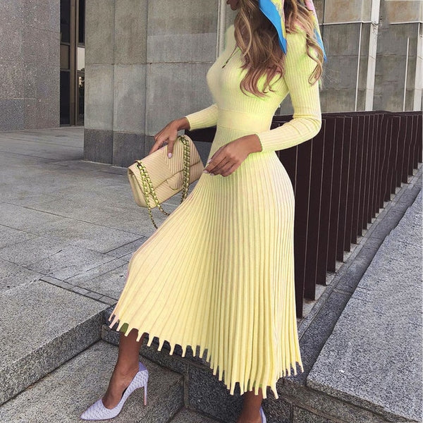 Women Pleated Sweater Dress 2019 Autumn Winter Retro Blue Elegant Party Office Ladies