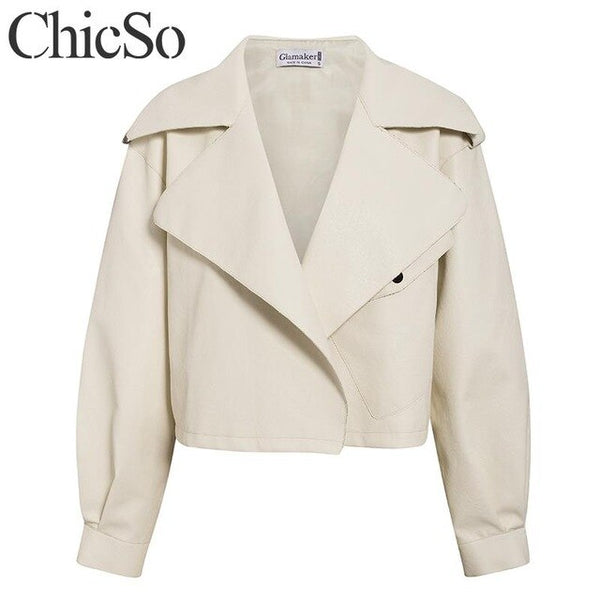 MissyChilli PU faux leather winter short jacket Women pocket autumn sexy white coat Female streetwear loose lady soft outwear