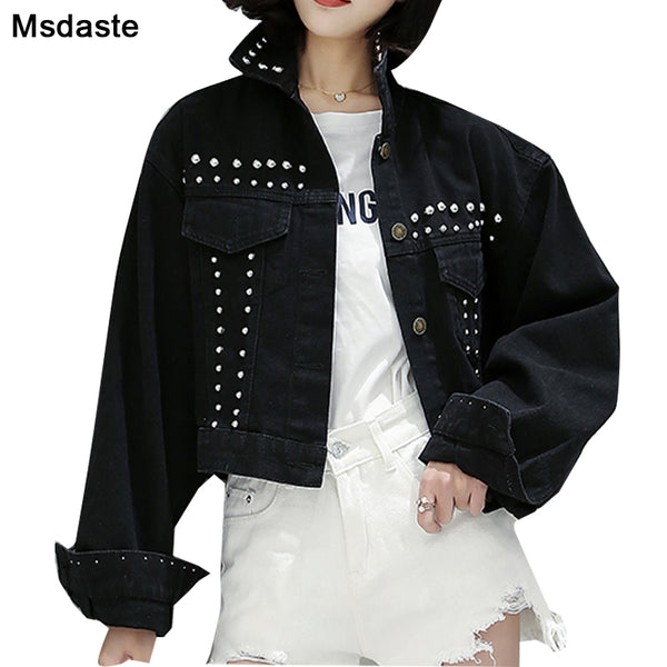 Denim Jacket Jeans Coats Women 2019 Autumn Vintage Rivets Black