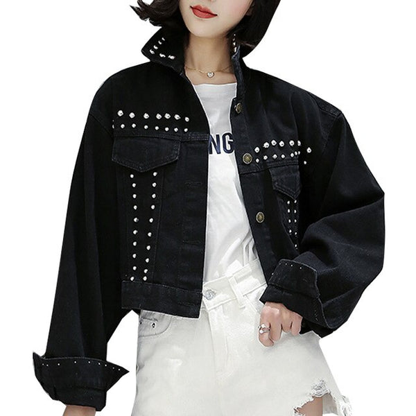 Denim Jacket Jeans Coats Women 2019 Autumn Vintage Rivets Black