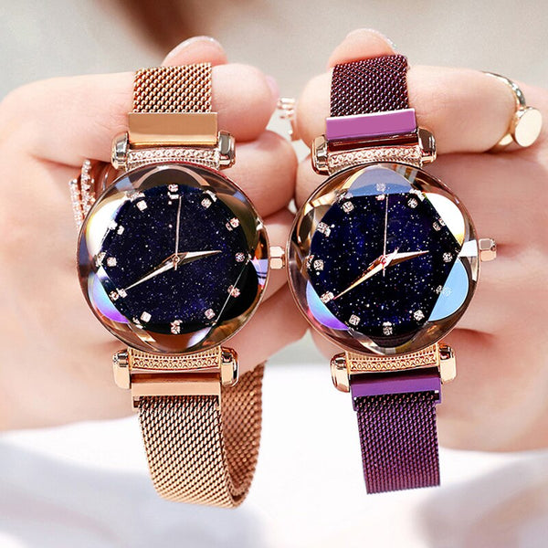 Luxury Women Magnetic Watches Geometric Surface Dial Mesh Belt Buckle Starry Sky Quartz