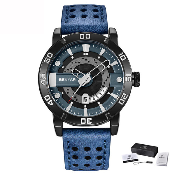 Benyar Watches Men Luxury Brand Quartz Mens Wist watches Military Leather Strap Casual Square